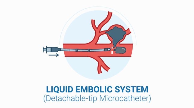 Medical illustration of a liquid embolic system, showing a detachable-tip microcatheter delivering embolizing material to treat an aneurysm in a blood vessel.