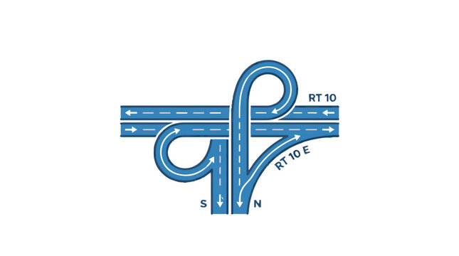 This is a diagram of a highway interchange. It shows a complex system of roads with multiple lanes and directional arrows, indicating traffic flow.