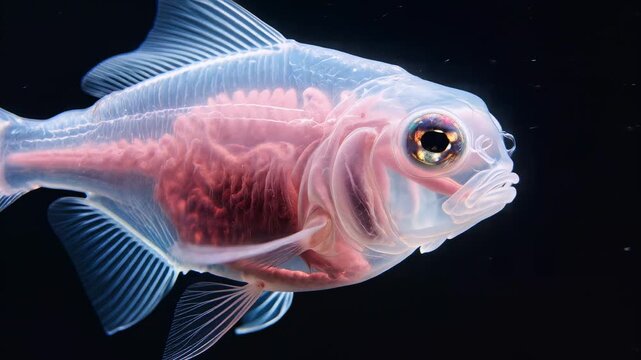 A translucent fish with visible internal organs swims in dark water
