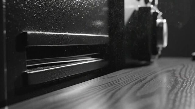 Black and White Close Up of Safe Door Opening and Paper Ejecting on a Wooden Surface
