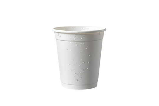 White disposable styrofoam cup with condensation drops, isolated for a cool refreshment drink concept