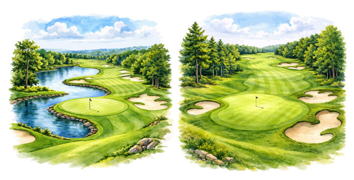 A watercolor vector set of golf course landscapes for sports design, outdoor scenes and recreation themes