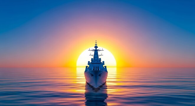 A powerful warship sails majestically into a breathtaking sunlit horizon, symbolizing strength, exploration, and a grand voyage, expedition, golden hour, powerful