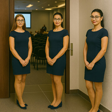 two beautiful young hostesses at a conference AI generated