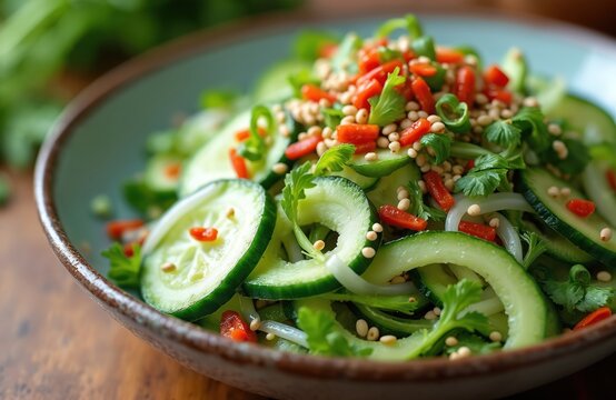 Fresh Korean oi muchim cucumber salad with chili pepper cilantro and sesame seeds is served in a rustic bowl. Spicy marinated vegetable dish is a healthy side.