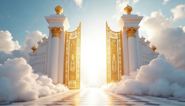 Golden gates open to bright sky with clouds and sun. White ornate pillars and architecture stand in fluffy clouds. Pearly floor reflects light of paradise.