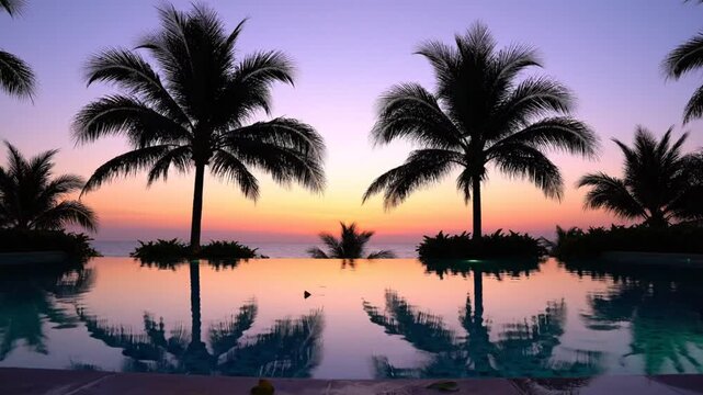 Tranquil coastal sunset with palm tree silhouettes reflected in a still infinity pool, romantic tropical scene.