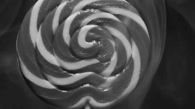 Black and white close up of swirling lollipop with a smoke effect creating a dreamlike atmosphere