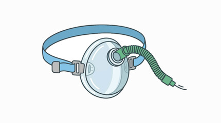 Naklejka premium A minimalist, cartoon-style illustration of a CPAP mask with a blue head strap and a green corrugated tube connecting to a ventilation source.