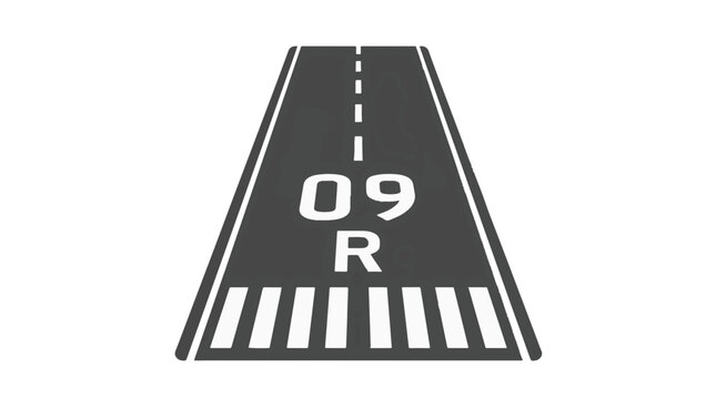 A grayscale graphic depicts a runway with markings. The runway has a dashed white centerline and the numbers 09R are prominent.
