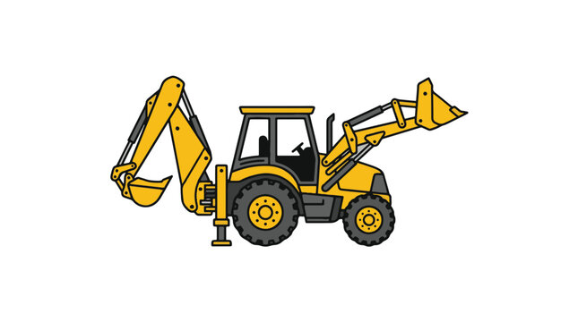 A simple yellow backhoe loader illustration featuring a front bucket and rear digging arm, isolated on a clean white background.
