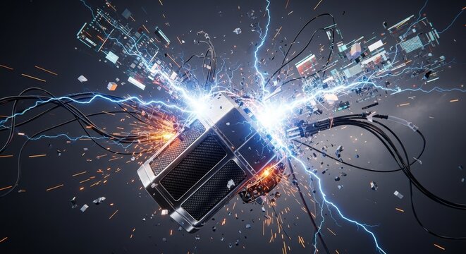 A futuristic metallic machine malfunctions violently amidst a storm of sparking wires, debris, and distorted holographic digital artifacts, error, futuristic, wreckage