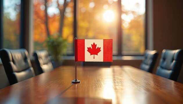 Small Canadian flag sits on conference table in modern office. Natural light streams through window showing autumn trees. Empty chairs surround wood table, ready for meeting.