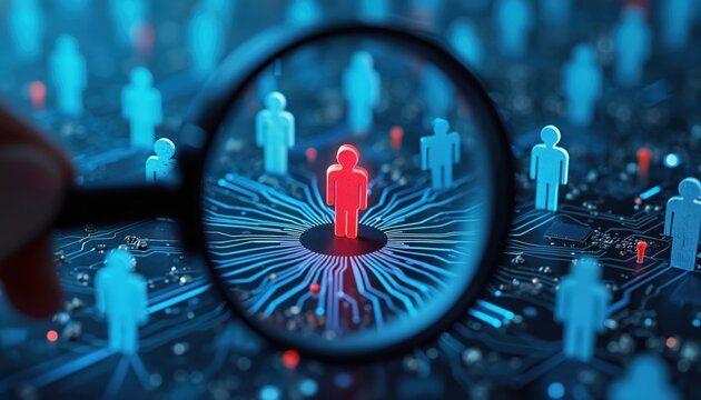 Magnifying glass examines red figure on circuit board among blue people. Digital network connection, data search, cybersecurity, and human resource analysis themes.