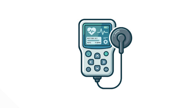 A stylized illustration of a portable medical device, likely a heart monitor or pacemaker, with a screen displaying a heart rate and battery level, and an attached sensor.