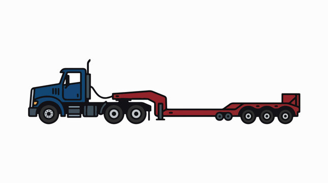 An illustration of a blue semi-truck tractor unit pulling a long red heavy-haul lowboy flatbed trailer with multiple axles, viewed from the side on a white background.