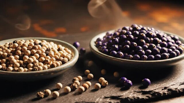 Close-up of bowls with peppercorns and juniper berries on a slate surface with gentle smoke