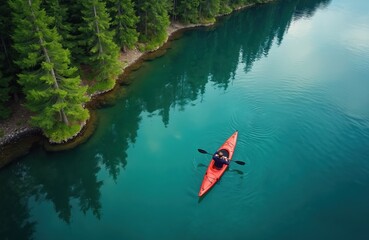 Fototapeta premium Single person paddles red kayak on bright blue lake near green pine forest shore. Calm water reflects trees and sky. Peaceful solo nature excursion.
