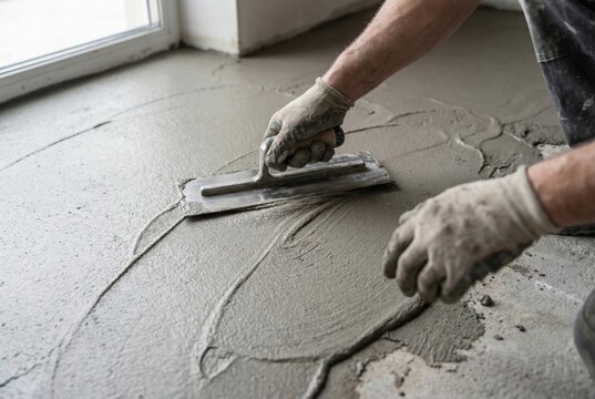  Construction worker hands in gloves applying microcement or leveling compound to a floor with a metal trowel. Home interior renovation and repair concept