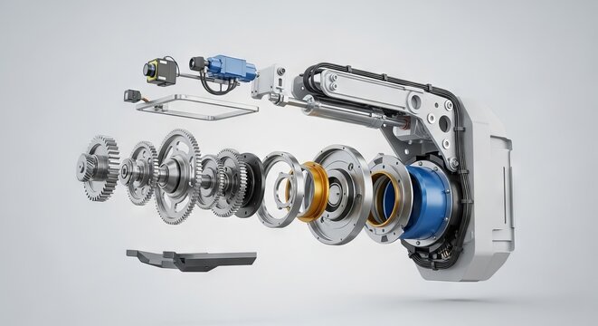 Ultra detailed exploded view of a robotic sorting arm mechanism, showcasing gears, actuators, and complex internal components for technical analysis, actuator, industrial, module