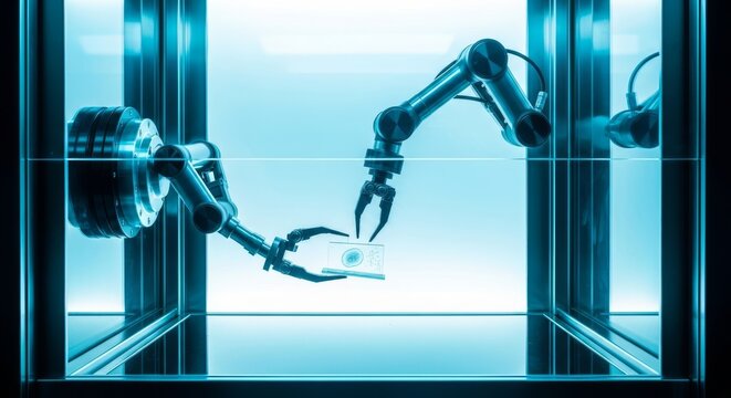 Robotic manipulator precisely interacting with a delicate biological sample within a gleaming, sterile laboratory isolator enclosure, futuristic, healthcare, laboratory