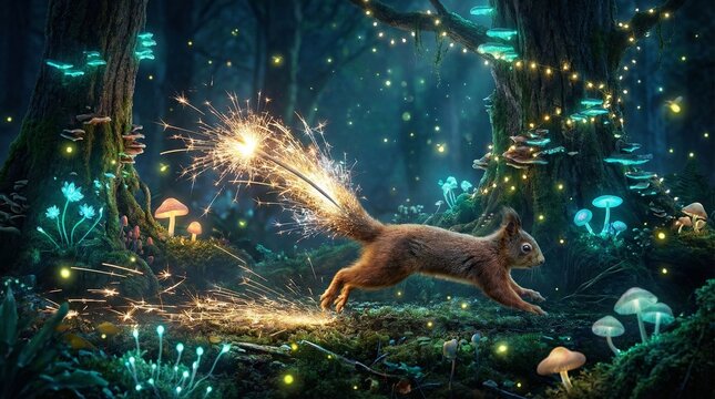 Enchanted Sparkle Trail: A whimsical depiction of a squirrel in a mystical forest, leaving a trail of sparkling light as it leaps through a wonderland of luminous mushrooms and glowing foliage.