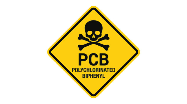Warning sign with a skull and crossbones, indicating PCB (Polychlorinated Biphenyl) is present and hazardous.