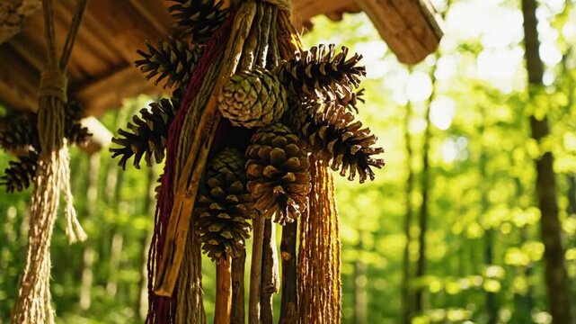 Decorative handmade bundles of pine cones and natural materials hanging from a wooden structure in a forest.