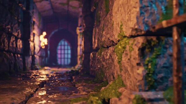 Mysterious dungeon corridor lit by torches and barred window with atmospheric lighting and textures in a medieval setting.