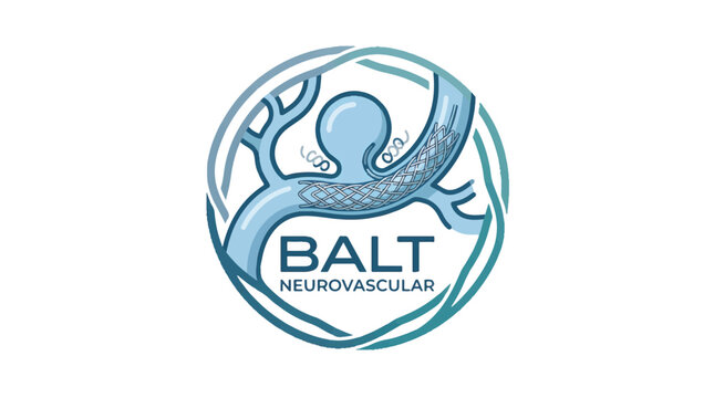 Logo for BALT Neurovascular showing a stylized representation of a blood vessel with a stent and an aneurysm, enclosed in a circular, abstract design.