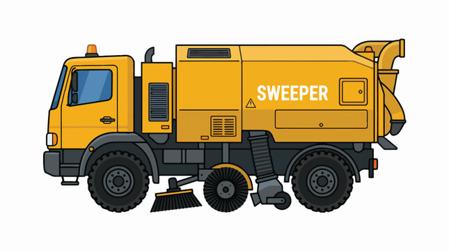 A bright yellow street sweeper truck with brushes and a collection bin, ready to clean roads and keep cities tidy.