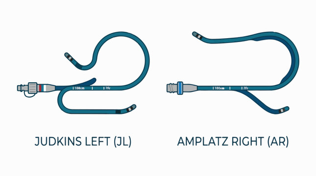 Two cardiac catheters, a Judkins Left (JL) and an Amplatz Right (AR), shown with distinct curved tips for coronary angiography.