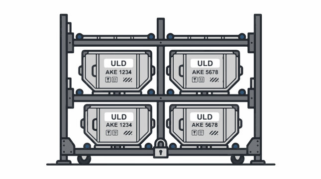 A rack holds four ULD containers, labeled AKE 1234 and AKE 5678. The rack is on wheels and secured with a lock.