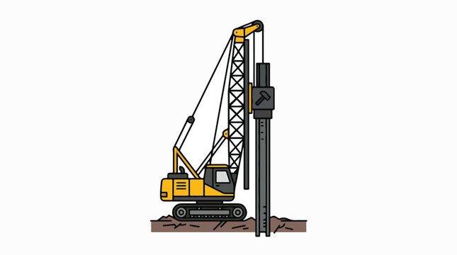 A yellow piledriver crane, also known as a pile driver, is shown in profile on a construction site, driving a large metal pile into the ground.