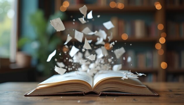 Open book explodes with torn paper flying in air. Library bookshelf blurred background bokeh lights create magical mood. Storytelling concept, creative idea, imagination.