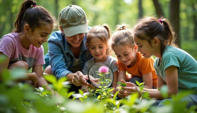 Kids and adult look at flower with magnifying glass in forest. Children learn about nature and plants during outdoor field trip. Group explores green woodland together.