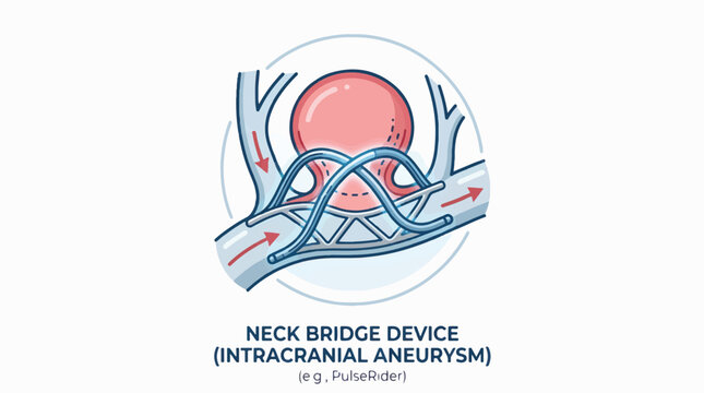Illustration of a neck bridge device used to treat an intracranial aneurysm, showing its placement within blood vessels.