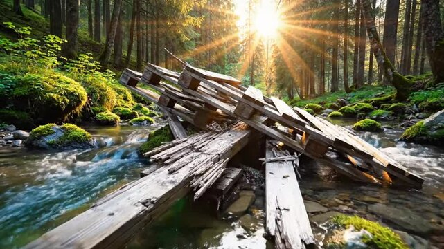 Sunlight streams through a forest over a flowing creek with a broken wooden pallet creating a natural scene
