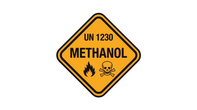 A yellow diamond hazard warning sign for METHANOL (UN 1230) with black text and symbols, including a flame and a skull and crossbones, indicating flammability and toxicity.