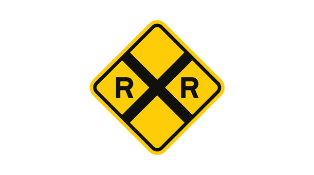 A yellow, diamond-shaped warning sign with a black border, featuring a black 'X' and two black 'R' letters, indicating a railroad crossing ahead.