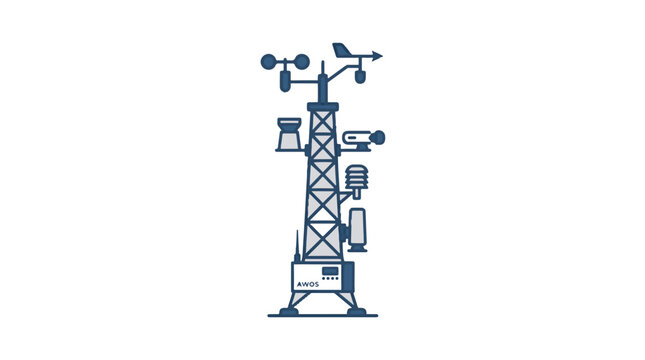A blue line art illustration of a weather station tower on a white background, featuring an anemometer, wind vane, rain gauge, and other sensors, with AWOS on its base.