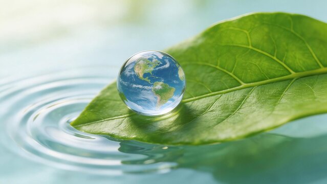 Glass globe on green leaf with water ripple
