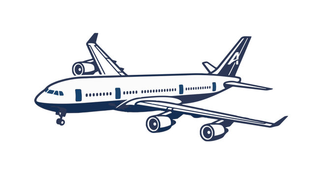 Stylized illustration of a commercial airplane in profile view, with four engines and a white fuselage and wings outlined in dark blue.