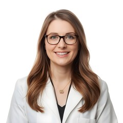 Obraz premium woman in white lab coat with glasses posing against plain background representing medical or scientific professional portrait