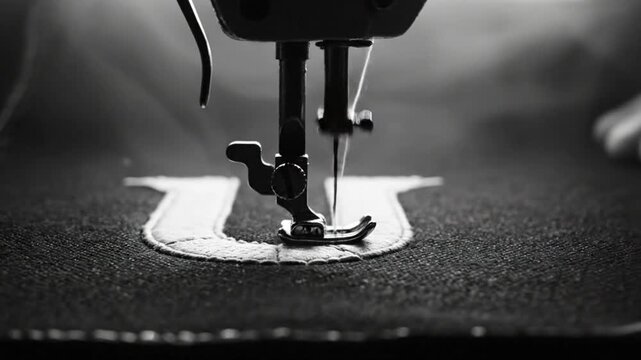 Close-up of a sewing machine stitching a white embroidered letter U onto dark fabric with dramatic lighting and detail