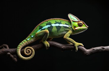 Fototapeta premium Jackson chameleon reptile with green and blue pattern sits on dark tree branch. This female lizard has big eyes and scaly skin with crest on head. Wildlife closeup on black background.