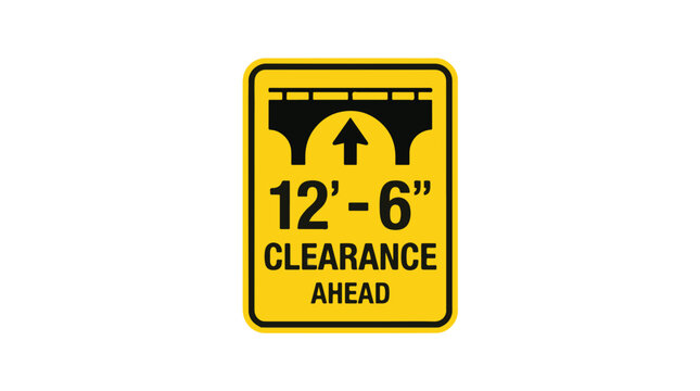 A yellow road sign warns of a 12' - 6 overhead clearance ahead, featuring a bridge icon with an upward arrow.