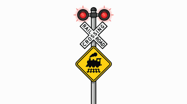 A cartoon-style railroad crossing signal with flashing red lights, a white crossbuck sign saying RAIL ROAD CROSSING, and a yellow diamond sign with a black train icon.