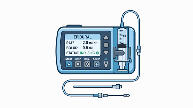 A blue medical epidural infusion pump illustration displaying 'INFUSING' status, rate 2.0 ml/hr, bolus 0.5 ml, with an attached syringe and tubing on a white background.