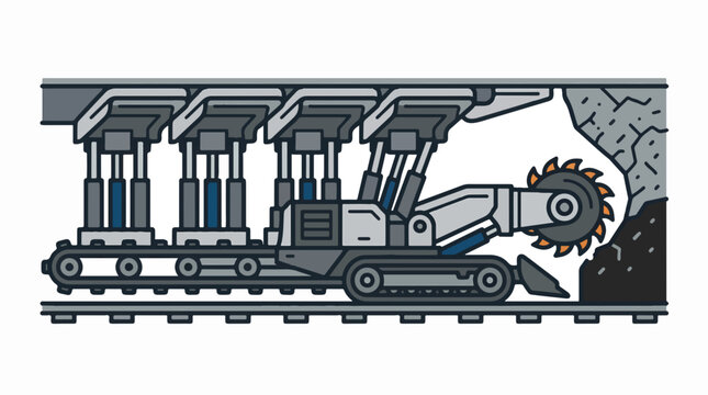 Cartoon style tunnel boring machine (TBM) with a rotating cutting head excavating rock and temporary roof supports, moving on tracks.